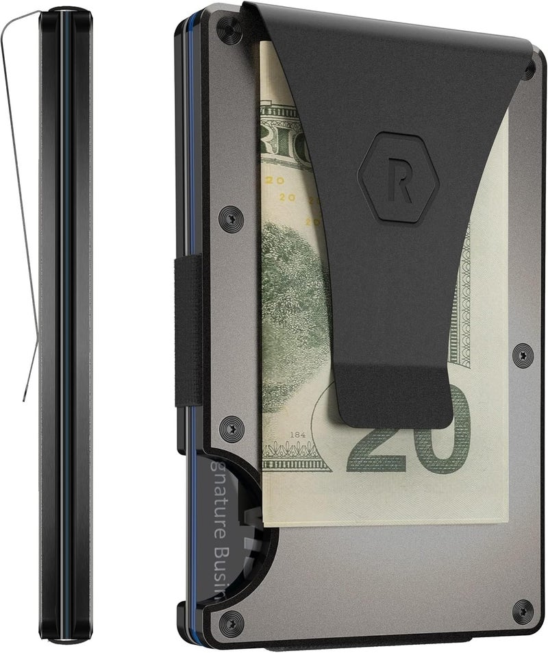 The Ridge محفظة - محفظة مدمجة نحيفة وعصرية وحامل بطاقات | محفظات جيب أمامية محمية من RFID | مشبك نقود مدمج | لون رمادي غامق - Image 1